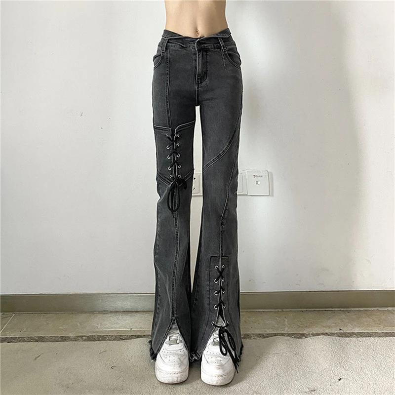 

Женские черные брюки с разрезом спереди, шикарные модные женские длинные прямые брюки, узкие брюки с высокой талией, Комбинезоны