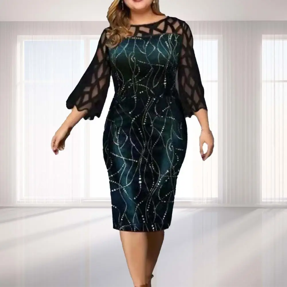 

Женское Сетчатое кружевное платье-миди с блестками и коротким рукавом