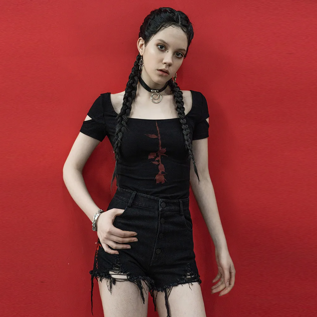 

PUNKRAVE Women's Gothic Daily Short Sleeve T-shirt Creative "bramble Roses" Series Printed U-neck Elastic Knitting Tees Top