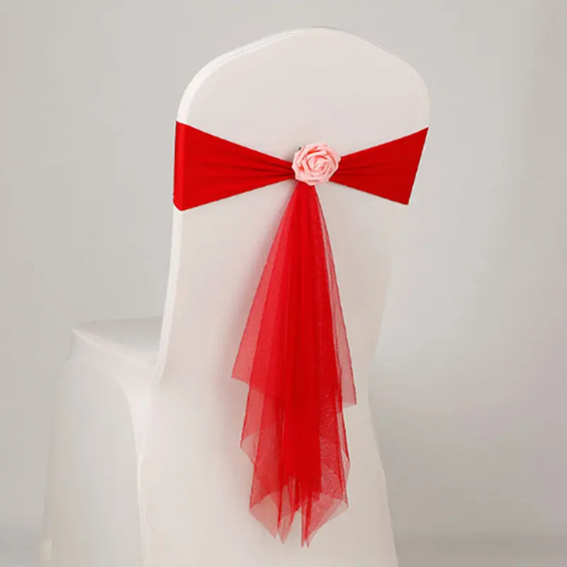 

Various Colour Spandex Sashes With Rose Ball Artifical Flower And Organza Chair Sash Wedding Lycra Bow Tie Band