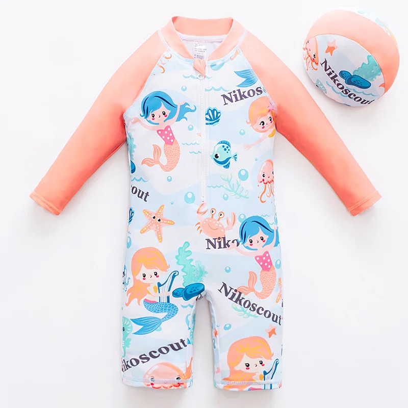 Printed Mermaid Baby Girl Swimsuit Long-sleeved Children's Cwimsuit Cap Children's Sunscreen One-piece Swimsuit Children's Baby