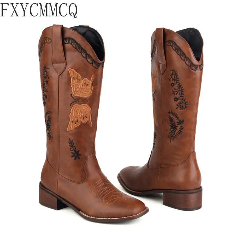 

FXYCMMCQ 2022 Autumn/Winter New Embroidered Embroidered Square Head Mid-tube Women's Boots Retro All-match Women's Shoes 88-17