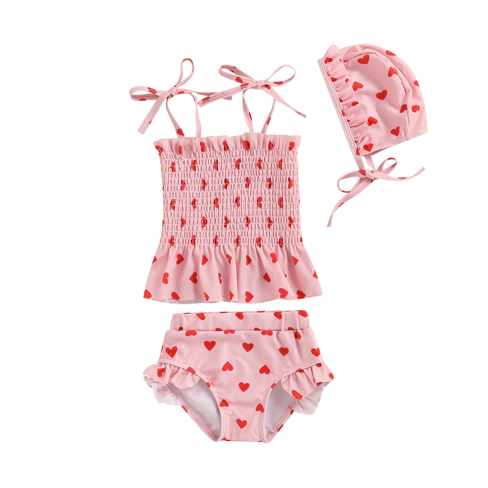 

3Pcs Baby Girls Clothing Cute Swimwear Heart Print Frilly Tank Tops Shorts Hat Swimsuit for Toddlers Infants 0-24 Months