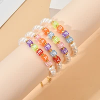zmzy fashion handmade letters freshwater pearl bracelet for women girls jewelry gifts square charm candy color new