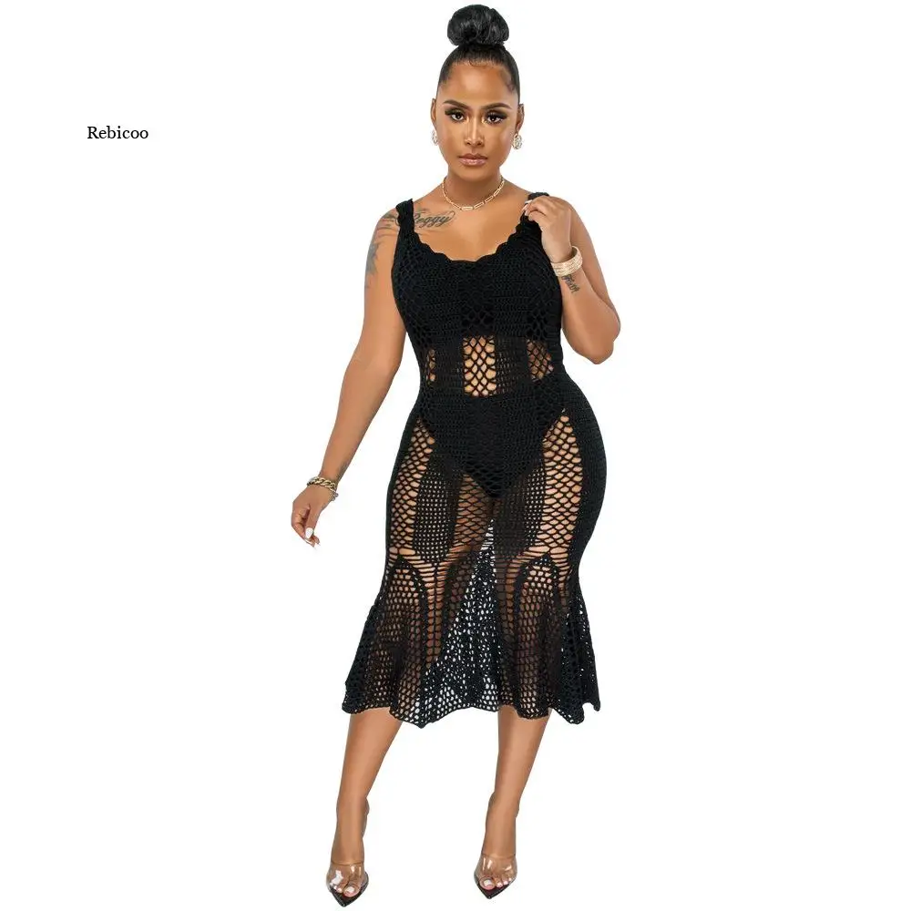 

Knit Ribbed Crochet Hollow Out Sleeveless Bodycon Midi Mermaid Dress for Women 2022 Summer Party Beach Chic Dresses
