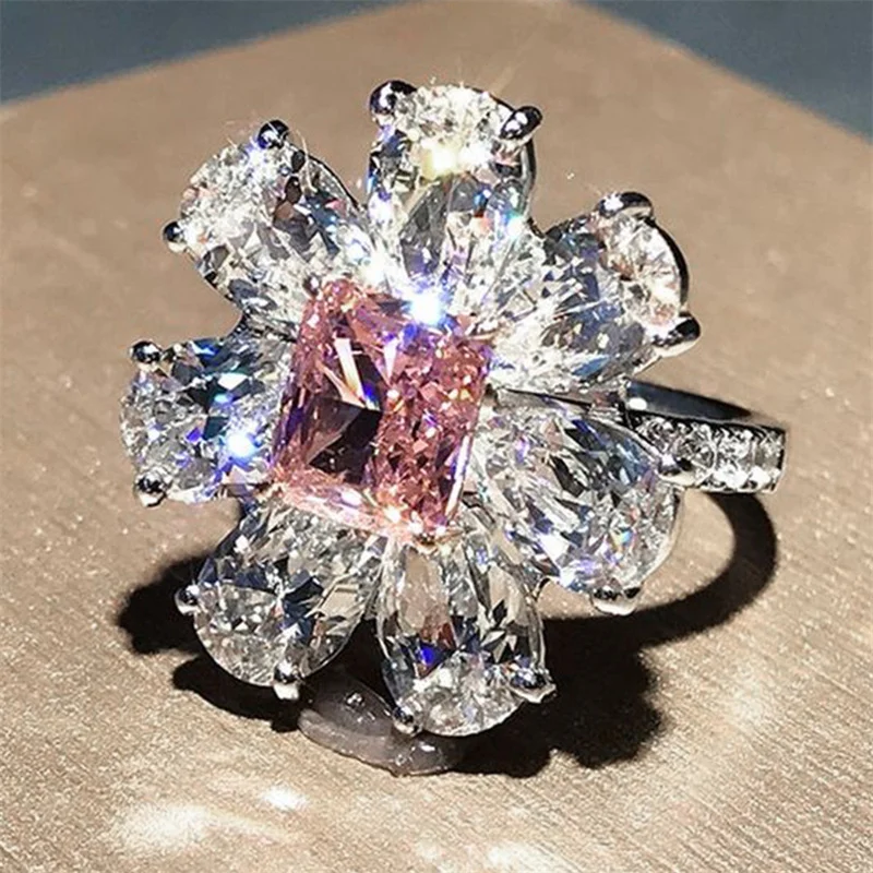 

Romantic Pink Cherry Blossom Women's Ring Luxury Cubic Zirconia Engagement New High Quality Shiny Personality Jewelry