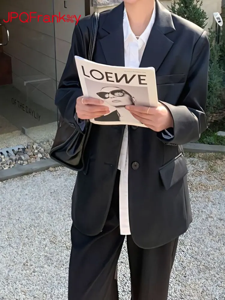 Black Leather Suit Jacket Womens 2023 Spring and Autumn New PU Leather High-end Sense Fried Street Loose Temperament Casual Suit