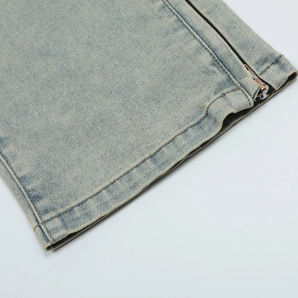2023 Washed White Straight Denim Jeans Mens Ins Fashion Streetwear American Loose Trousers Feet Zipper Slit Casual Daddy Pants