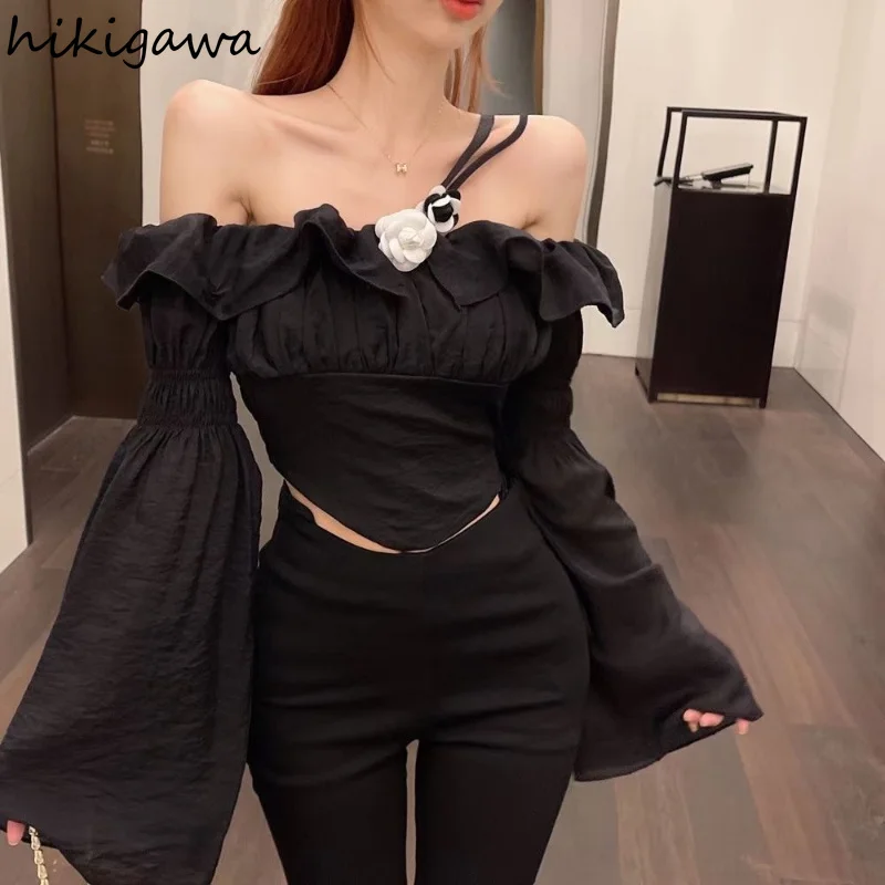 

Sweet Cropped Tops Female Sexy Slash Neck Flare Sleeve Blouses for Women Off Shoulder Ruffles Blouse Shirts 2023 Blusas De Mujer