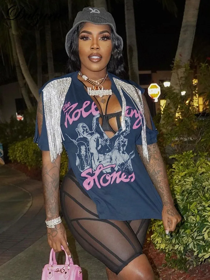 

Dulzura Tassel Patchwork Women Short Sleeve V Neck Slit Graphic T Shirt Loose Oversized Streetwear 2022 Summer Y2K Clothes Tops