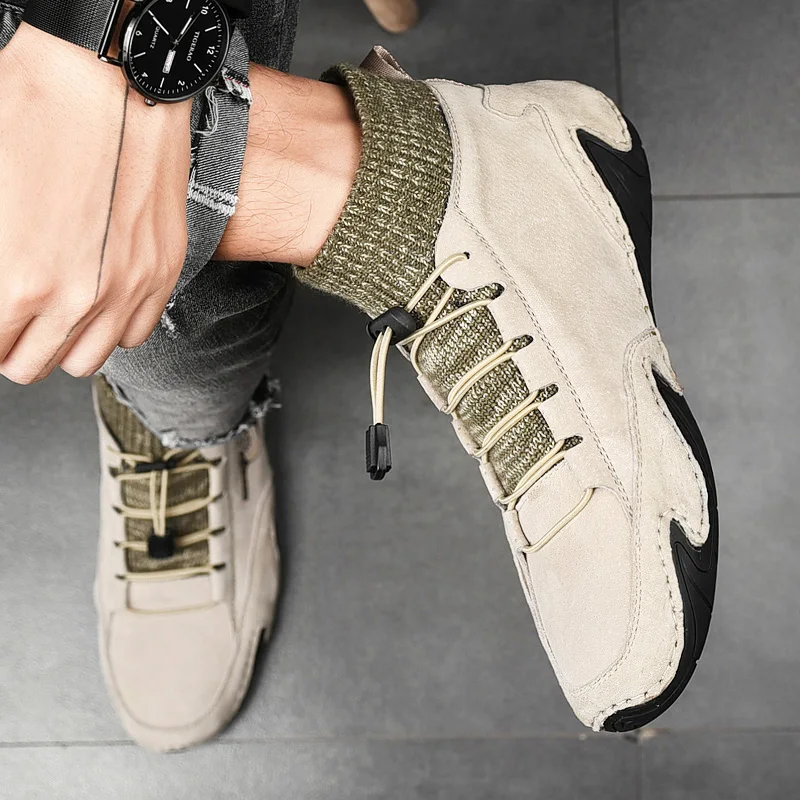 Men Casual Sneakers PU Running Shoes Flats Comfortable Slip-on Walking Footwear Sewing Thread Breathable Wear-resisitant