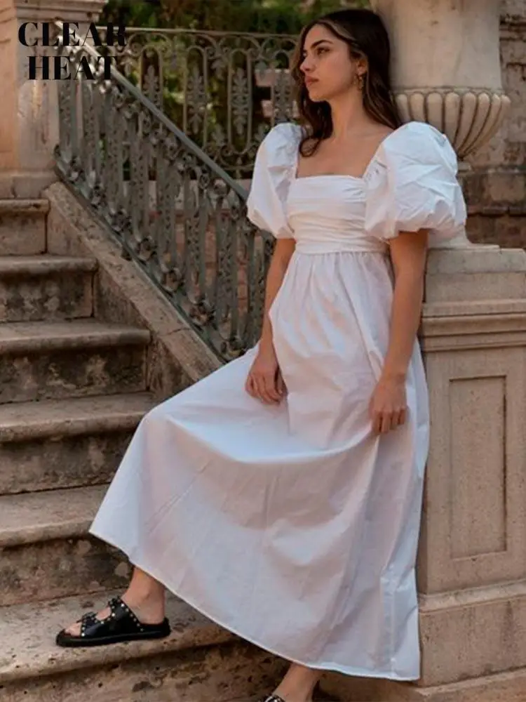 

Women Casual Puff Short Sleeve Maxi Dress Sexy Square Collar Backless A-Line Long Dress Elegant Female Fahion Ruched Dresses