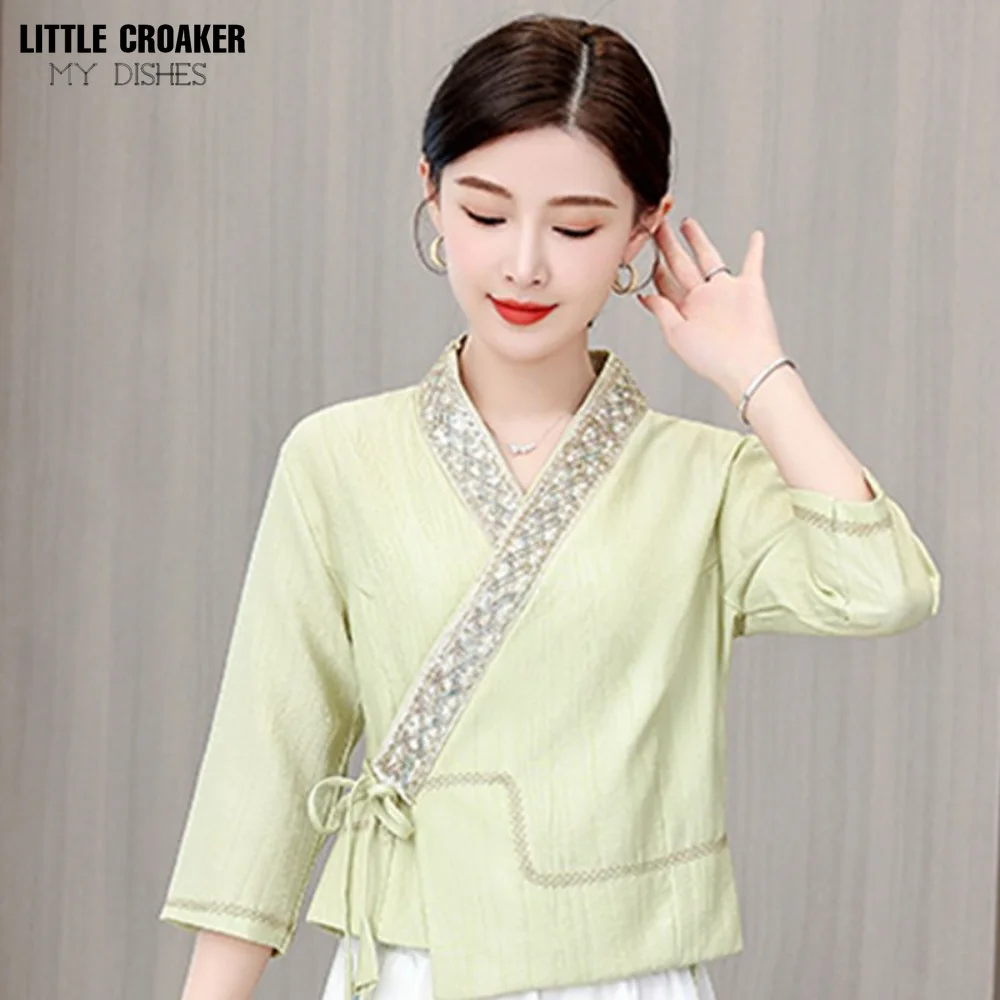 

2023 Summer New Modified Daily V-neck Hanfu Embroidery China-Chic Slim Slim Top