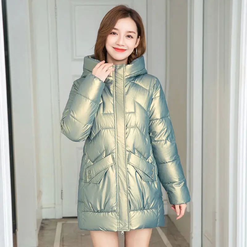 Women's Winter Coat Hooded Shiny Padded Jacket Warmth Jacket Korean Fashion Free Shipping Wholesale Plus Size Loose New