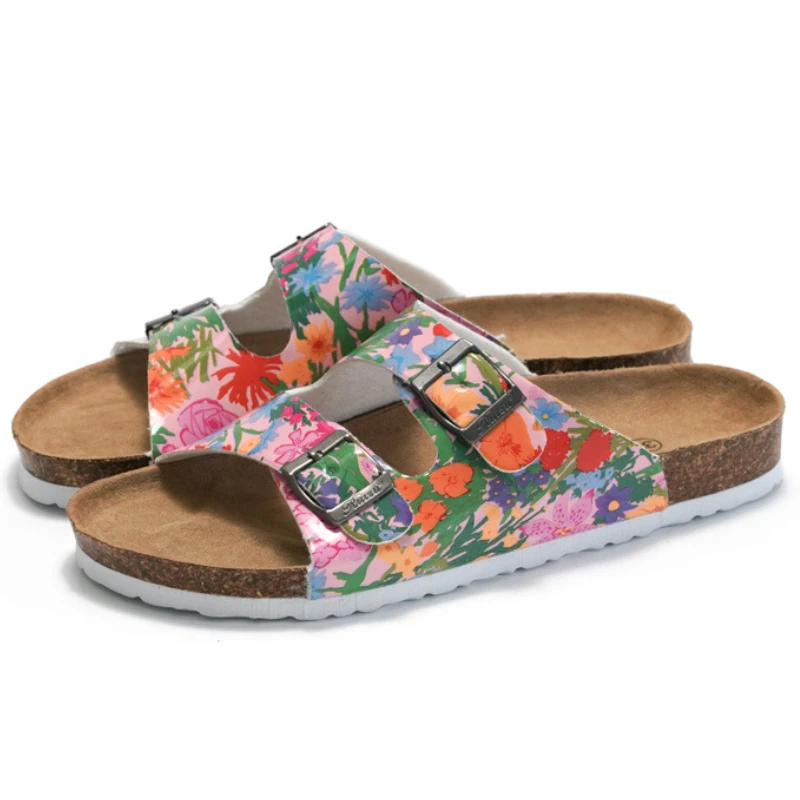 

New Fashion Summer Cork Slippers Women Printed Double Button Casual Sandals Lady Outdoor Flats Comfort Mixed Color Beach Slides