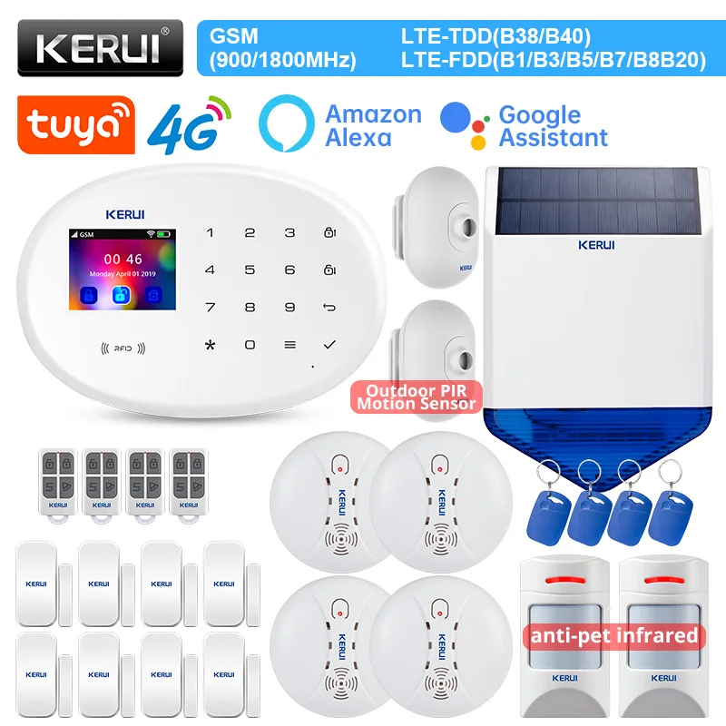 

KERUI 4G Alarm System WIFI GSM Alarm W204 Smart Life Alexa Anti-pet Motion Detector Door Sensor Outdoor Solar Siren RFID Card
