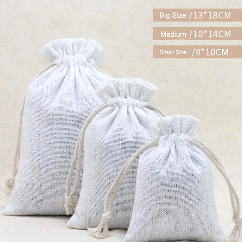 

50PCS/Lot 8x10 10x14 13x18cm Bleached White Cotton Bags Drawstring Pouches Gift Storage Bags Customised Printing Logo