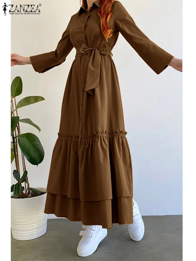

Женское элегантное платье-рубашка ZANZEA с завязкой на талии, Осеннее длинное платье макси с воротником с лацканами и длинным рукавом, шикарное платье с оборками, строченное платье, 2023