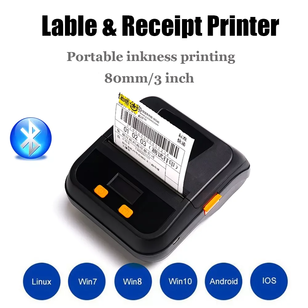 

80mm Bluetooth Thermal Printer Label & Receipt Command Portable Wireless 2 in 1 Phone and Computer Mini Thermal Printer