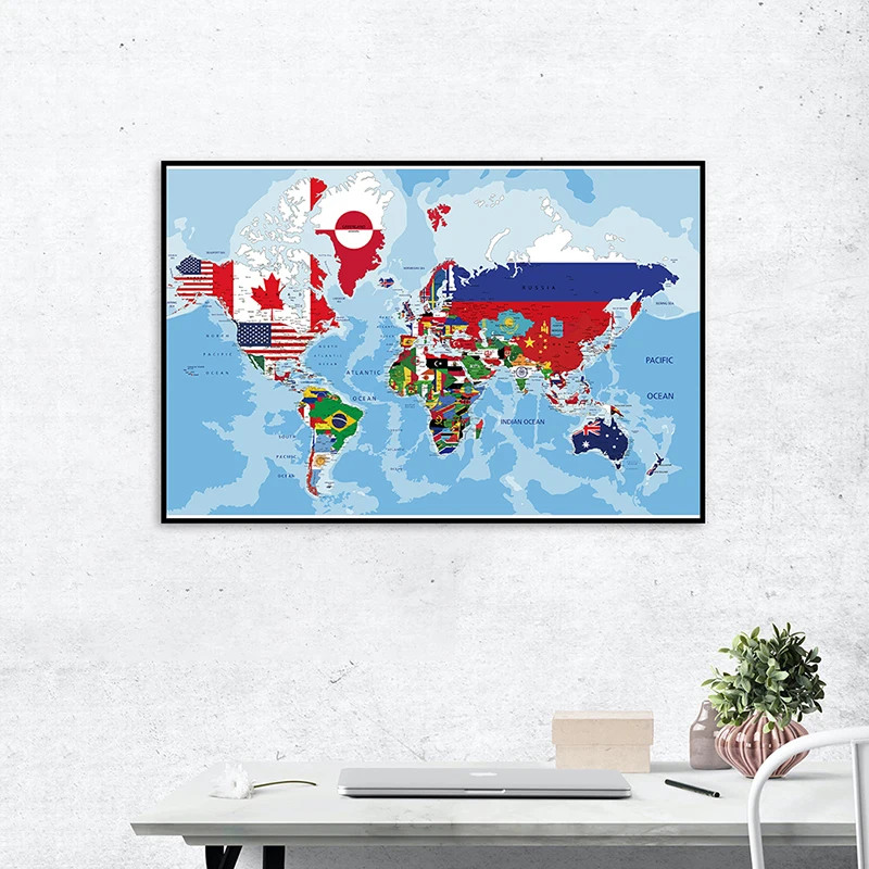 

90*60cm World Map Waterproof Physical Maps With National Flags Spray Plate Canvas Painting Home Office Decoration Wall Sticker