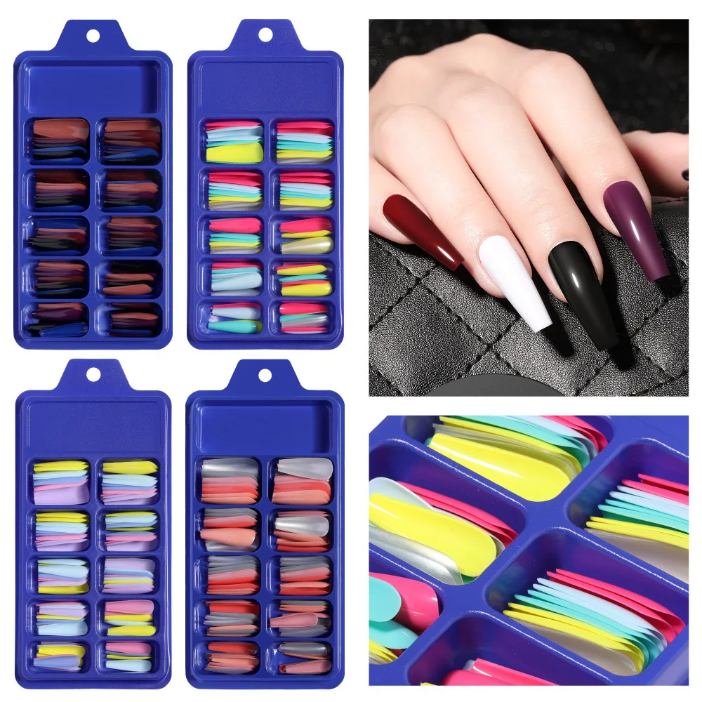 

5Set/Lot 100Pcs/Set Fake False Nails Patch Plate Candy Color Blue Box Full Paste Wear Long Ballet Solid Manicure Tools HA2249