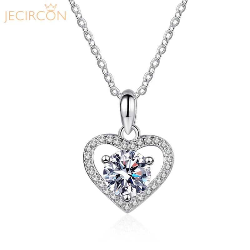 

JECIRCON 925 Sterling Silver Moissanite Necklace for Women 1 Carat Heart Shaped Pendant Light Luxury High Quality Clavicle Chain