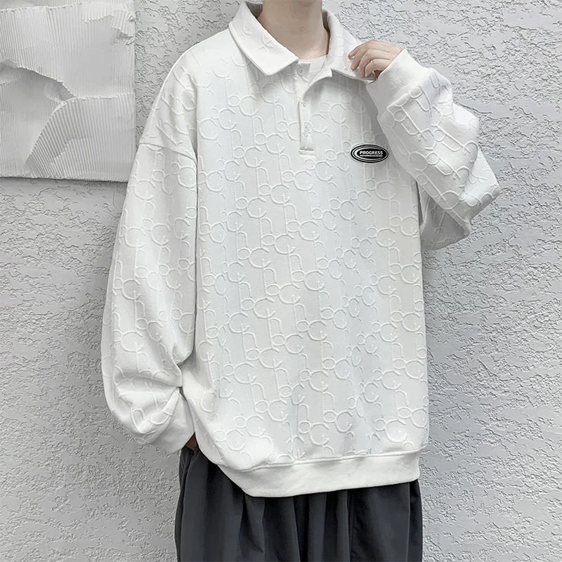 

Hip Hop Polo Shirt Casual Solid Jacquard Loose Pullover Oversize Long Sleeve Tops Fashion Sweatshirts All-match Men's Clothing