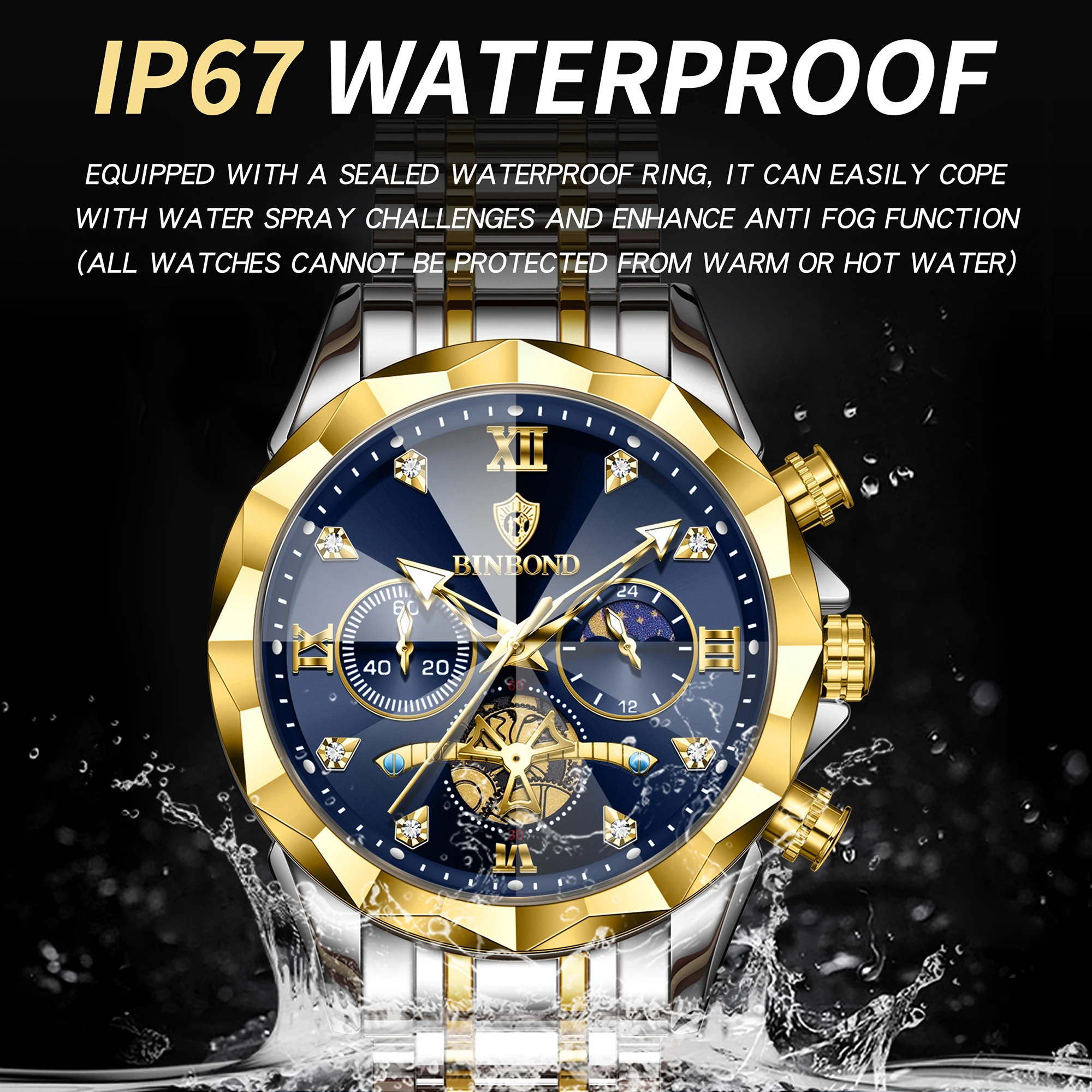 Фото Мужские кварцевые часы BINBOND Chronograph класса люкс: прочные, светящиеся, водонепроницаемые, с точным секундомером. Идеально для дропшиппинга. №5