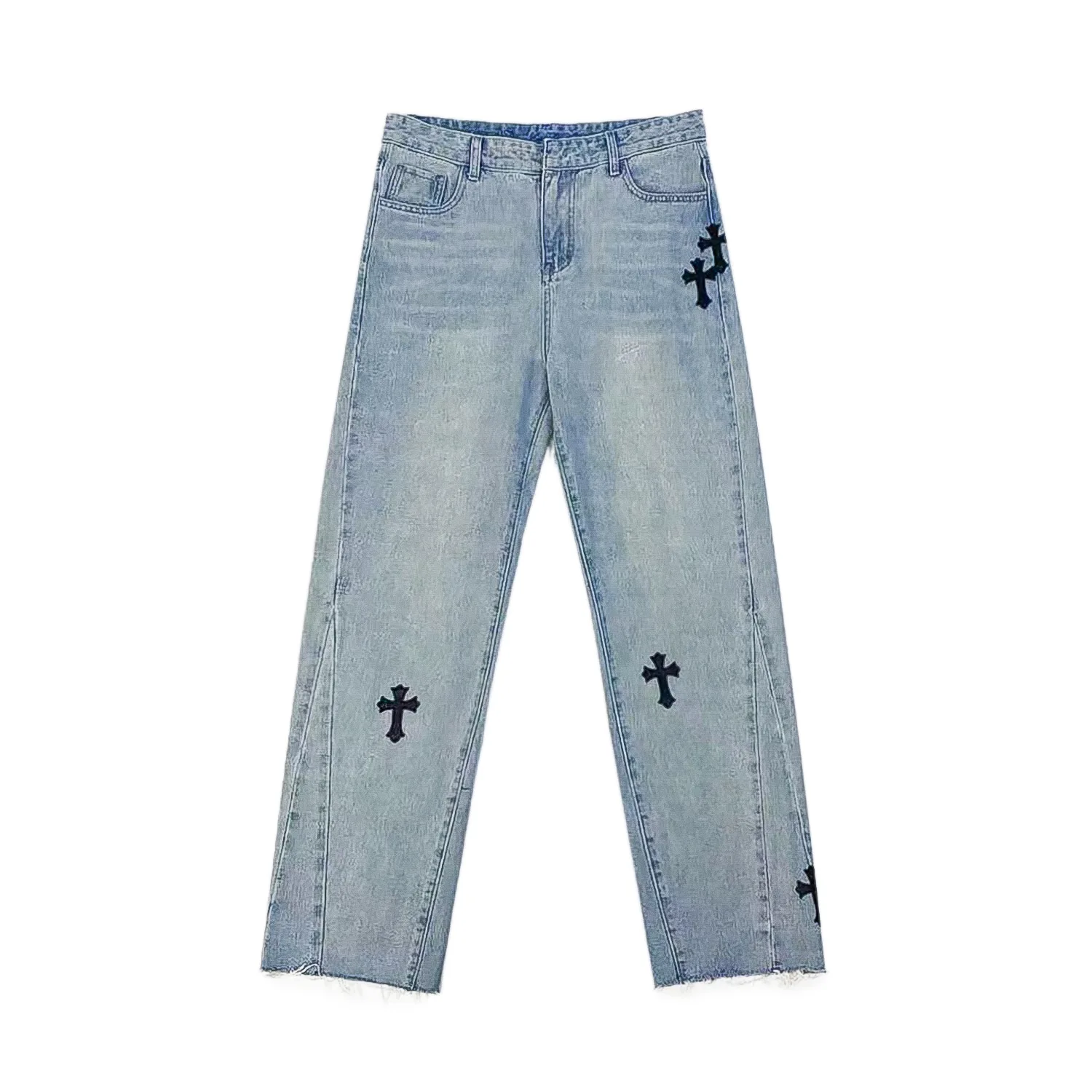 Four Seasons Y2K Men Jeans European and American High Street Cross Embroidery Hip Hop Straight Loose Wide Leg Pants Ins Hot Sale