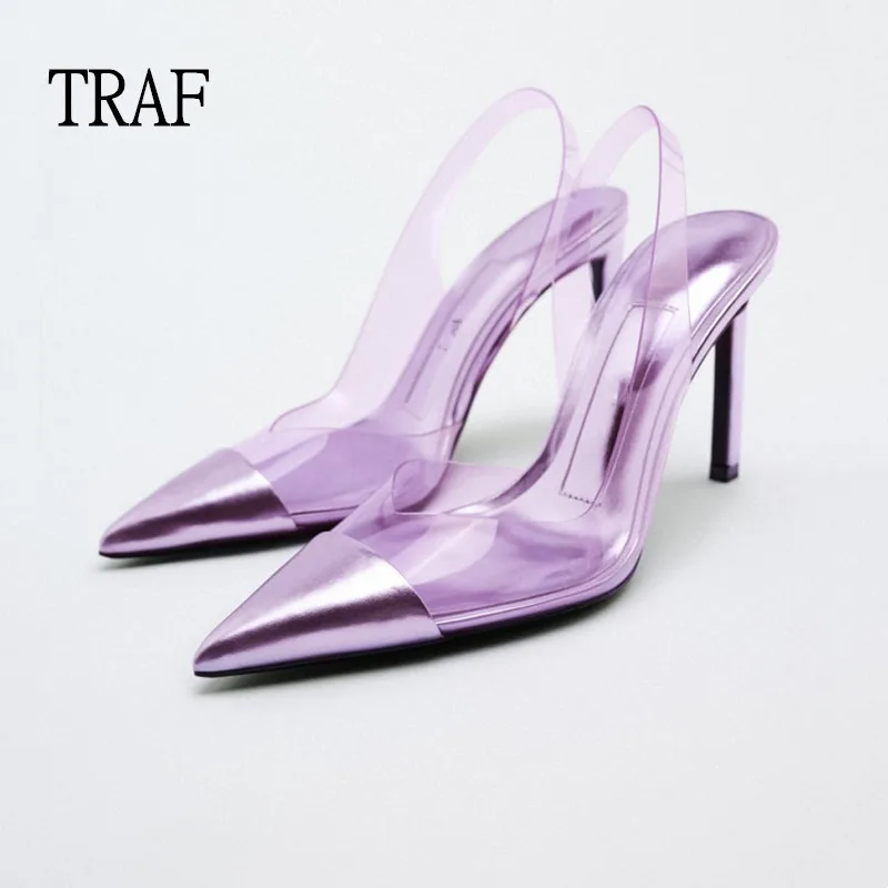 

TRAF Purple Woman Heeled Sandals PVC Pointe Pumps Slingback Transparent Heels Wedding Bride Woman Elegant Office High Heels 2022