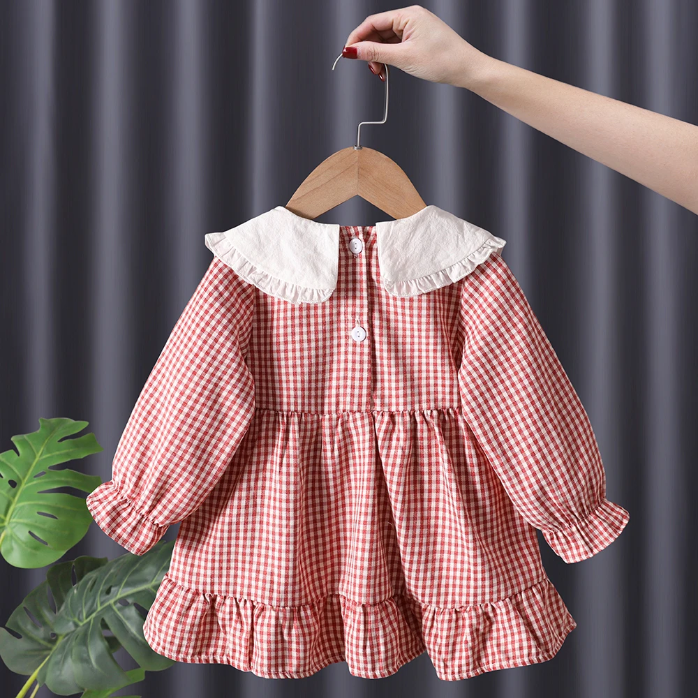 Платье детское клетчатое с оборками мягкая хлопковая одежда воротником-стойкой