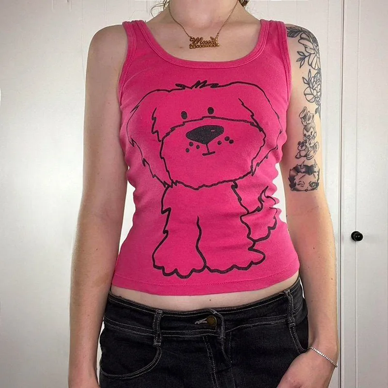 

O Neck Summer Vest Sleeveless Sexy Crop Tops Women Puppy Printing Tank Tops Y2k Top Crop Top Short Tank Tops Dog T Shirt