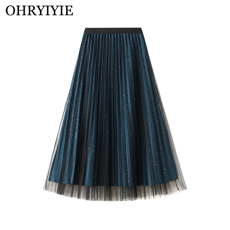 

OHRYIYIE Green Brown Reversible Sequin Pearl Beading Tulle Skirt Women 2023 Spring Summer Mid Long High Waist Mesh A Line Skirt