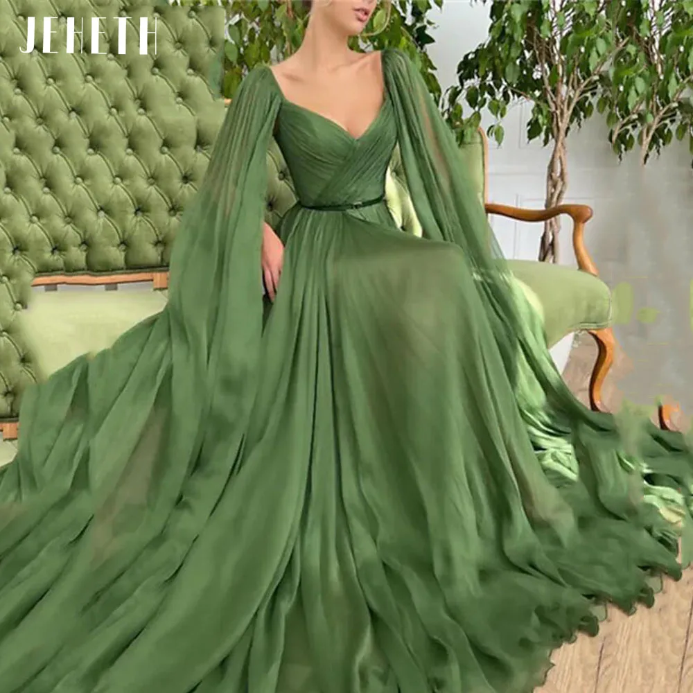 

JEHETH Green A-Line Evening Formal Gown Long Cape Sleeves V Neck Chiffon with Ruched Prom Maxi Dresses 2023 Vestido De Noche