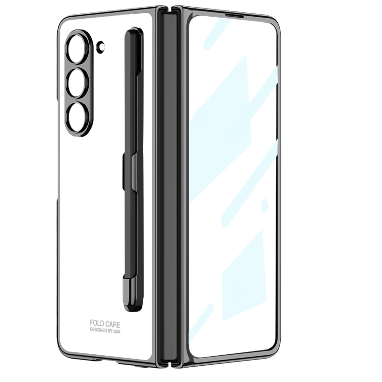 

For Samsung Galaxy Z Fold 5 Case Electroplated Transparent With Pen Slot Tempered Film Hard Protector Shockproof Folding Cover