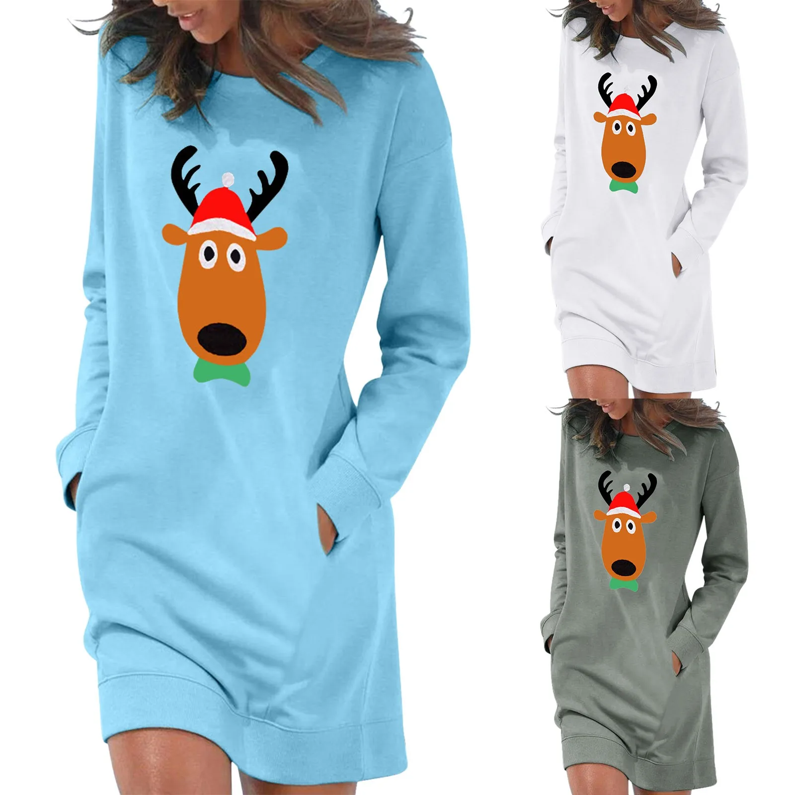

Women Fashion Loose Long Sleeve Pocket Christmas Print Long Pullover Sweatshirt Skirt Summer Dress Casual