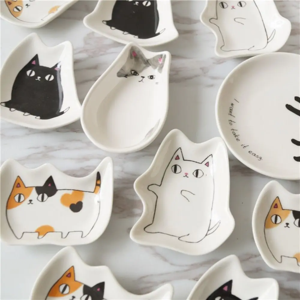 

Japanese Style Ceramic Tiny Plate Kitten Shaped Seasoning Plate Creative Dessert Decoration Dishes Kitchen Tableware Accessories