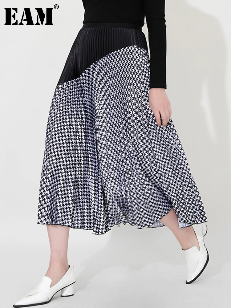 

[EAM] High Elastic Waist Black Color-block Elegant Long Pleated Half-body Skirt Women Fashion New Spring Autumn 2022 2D158601