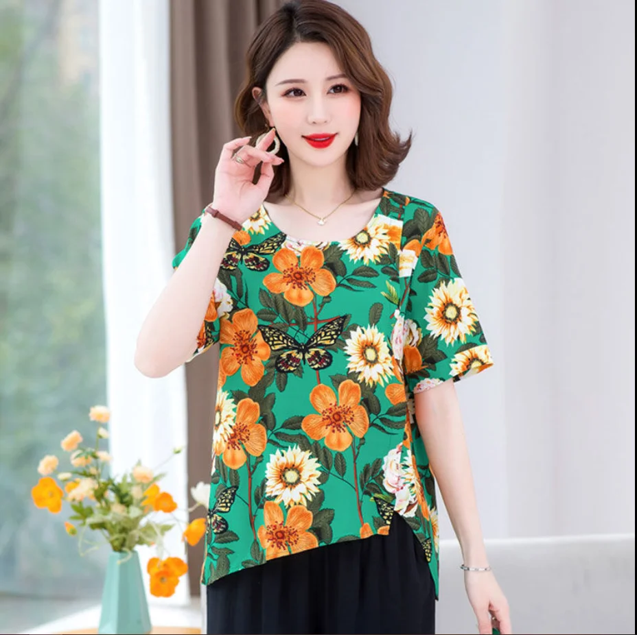 

Beardon Women's Summer Short-Sleeved T-Shirt 2022 New Loose Printed Cotton Silk Top Coat Size L-7XL