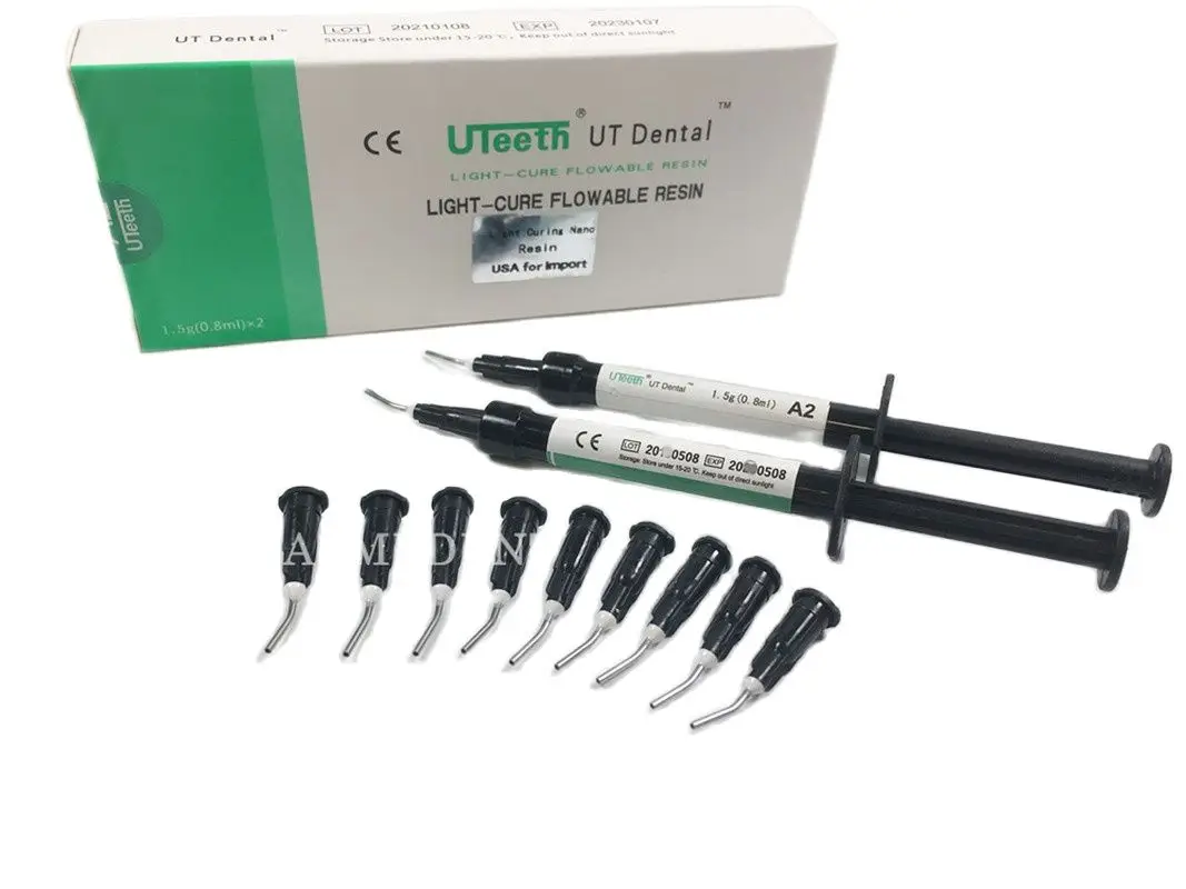

Dental UT Flow Composite Resin Flowable Light Cure Curing 2 Syringes Black Syringe Refill Delivery Tips A1 A2 A3