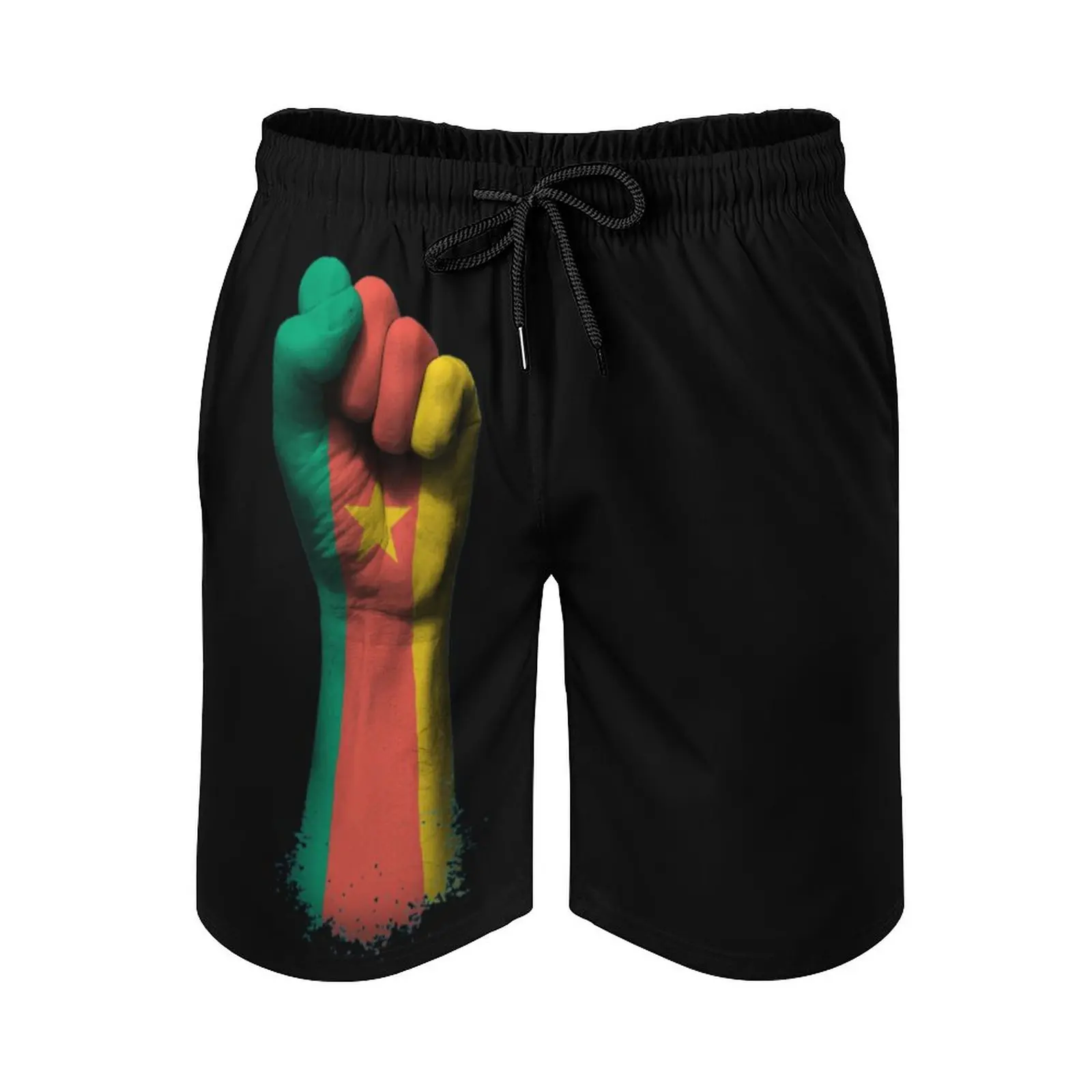 

Anime Men's Beach Shorts Flag of Cameroon on A Raised Clenched Fist Loose Stretch Causal Novelty Male Shorts Loose Adjustable Dr