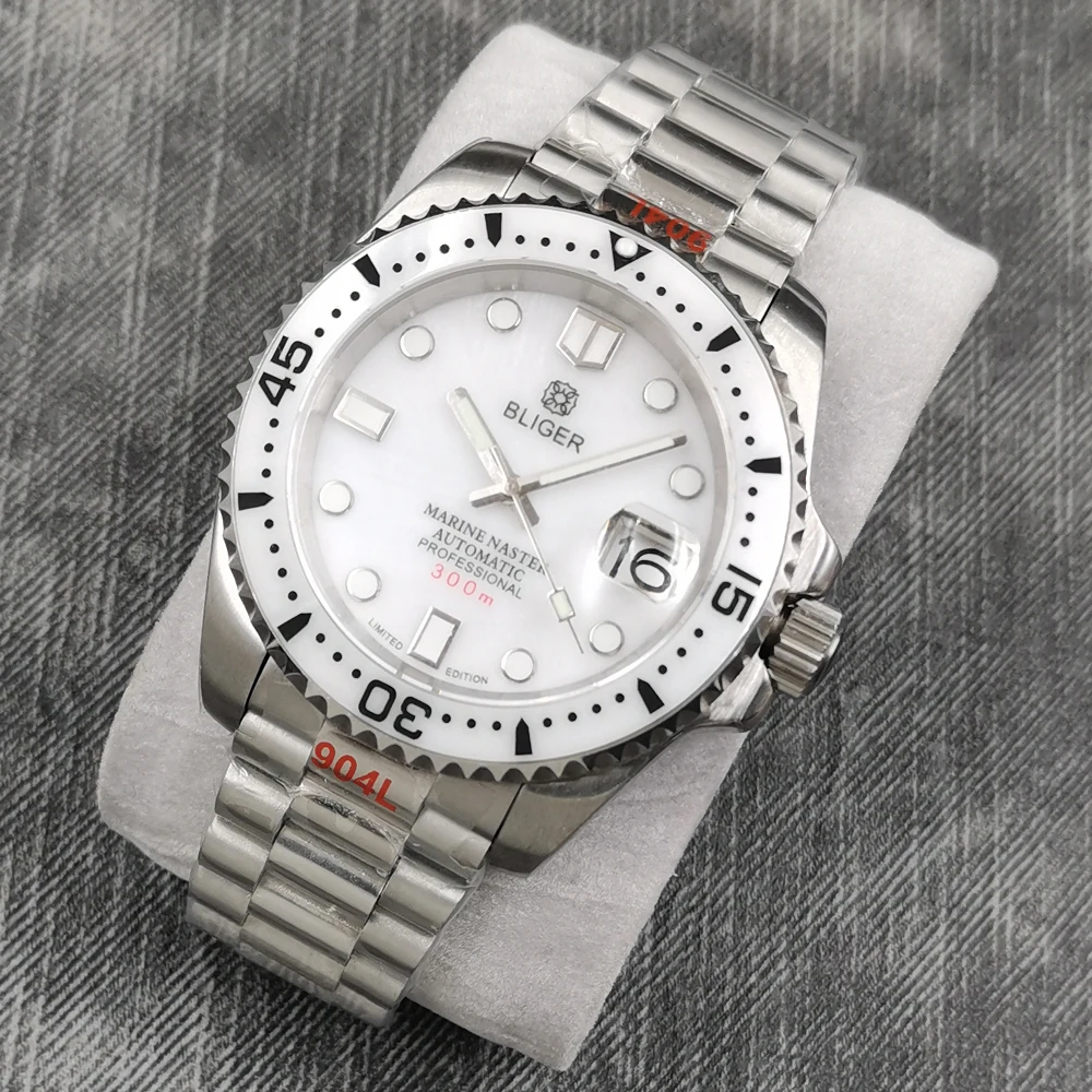 

Мужские механические часы 40 мм Bliger NH35A с сапфировым стеклом и керамической рамкой, светящийся циферблат Sea shell, автоматические мужские часы