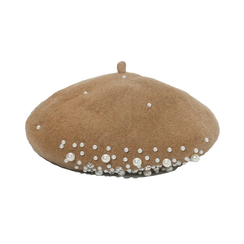 Берет с жемчугом Женский кашемировый берет в ретро стиле плоская однотонная