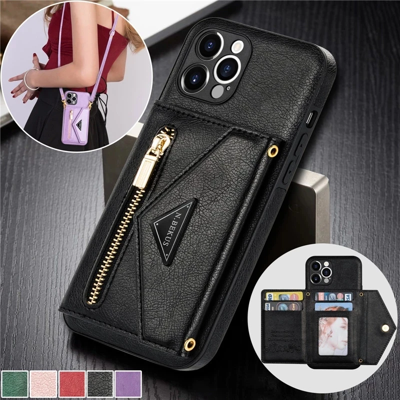 

Lanyard Zipper Wallet Case For Samsung Galaxy S20 S20 plus s20u s21 s21u s22 s22p Note20 Leather Purse Card Cover Coque