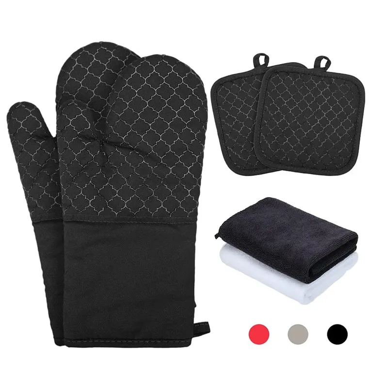 

Non-Slip Silicone Oven Mitt Waterproof Heat Resistant Kitchen Gloves Long Cotton Bbq Oven Gloves for Barbecue Cooking Baking