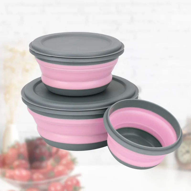 

3Pcs/Set Silicone Folding Lunch Box with Lid Portable Picnic Camping Bowl Set Kitchen Tableware Kit Foldable Fruit Salad Bowl