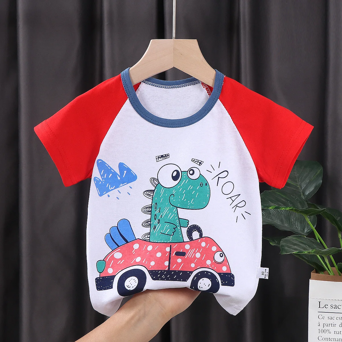 

2023 Summer Newborn 1 2 3 4 Years Kids Children Car Print Baby Top Basic Shirt 100% Cotton Girls Short-Sleeve Tee DS19