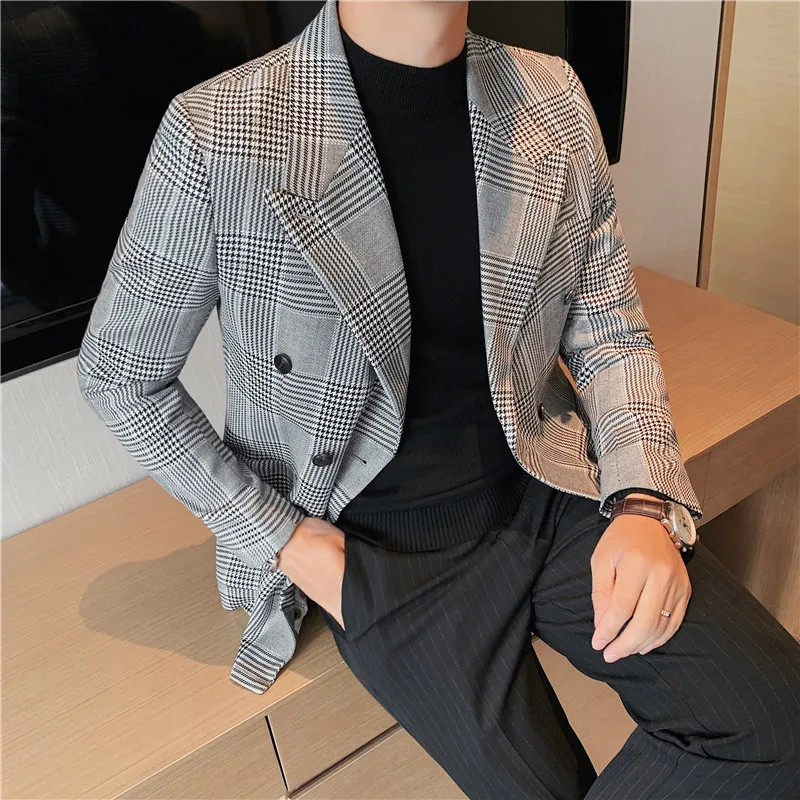 British Style Blazers for Men's Double Breasted Fashion Business Casual Suit Jackets Slim Wedding Groom Dress Coat Costume Homme