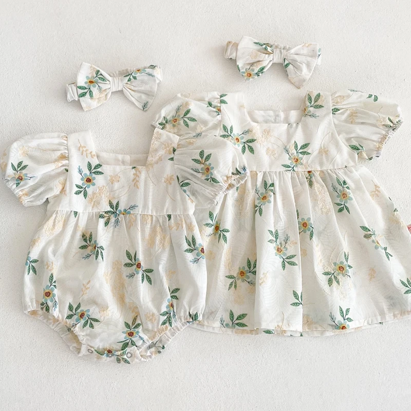 Infant Baby Girls Jumpsuit+Hair band Short Sleeve Cotton Floral Printing Embroidery Baby Girls Clothes Sister Dress For Summer