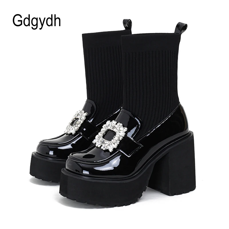 Gdgydh Rhinestone Platform Mid Calf Boots Chunky Heels Patent Elastic Sock Boots Slip On Comfortable Lolita Shoes for Student